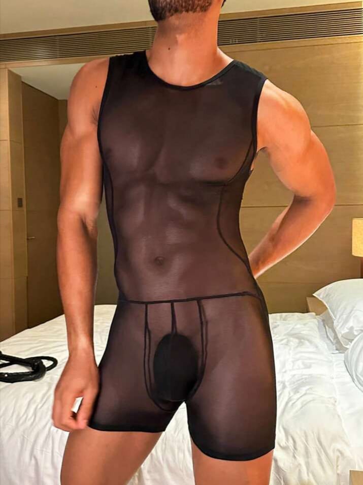 CHOCKOLATE-BOY Men's Elastic Mesh See-Through Backless Sexy Bodysuit